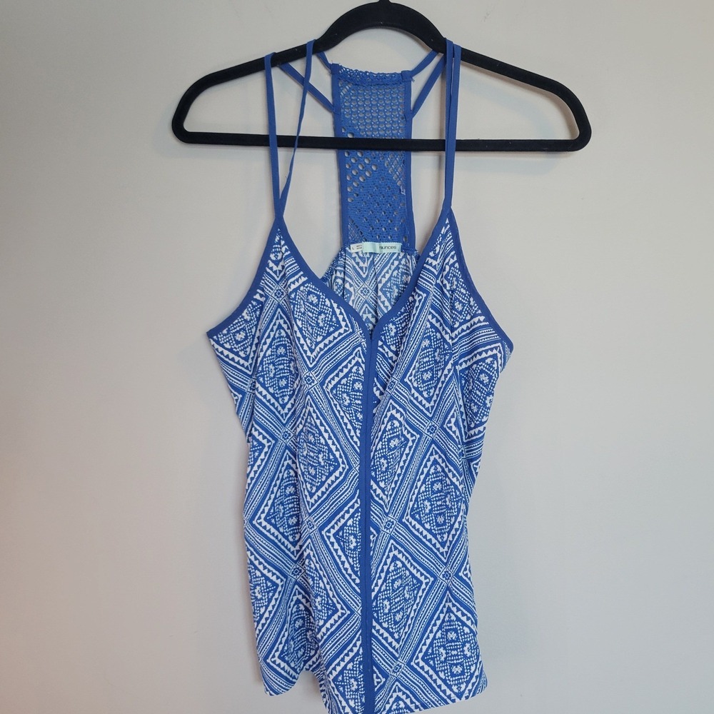 Maurices Womens Blue White Geometric Print Crochet Lace Racerback Tank Top L